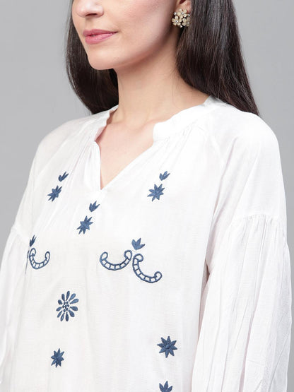 White viscose dobby embroidered top