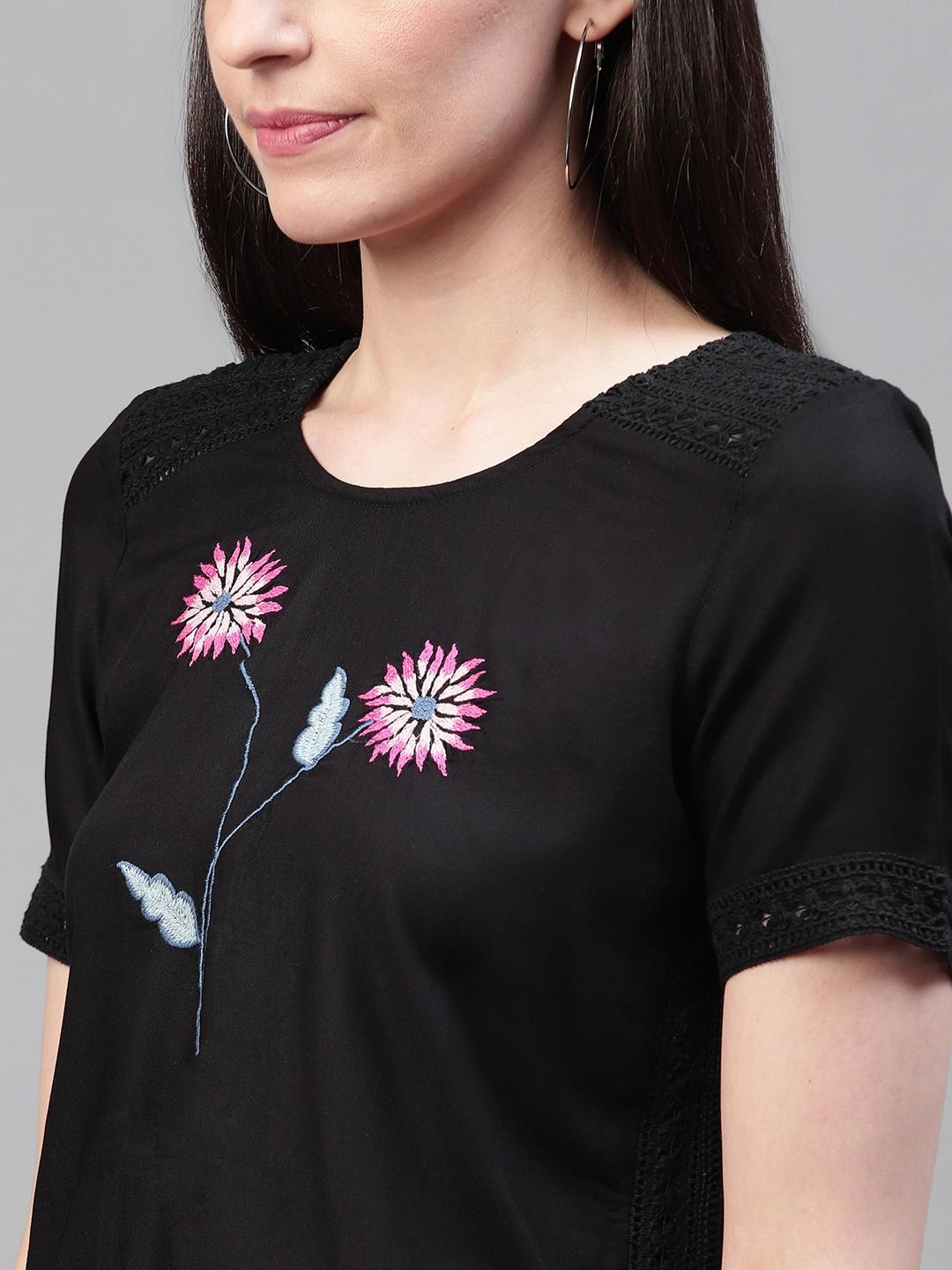 Black & Pink Floral Embroidery Top