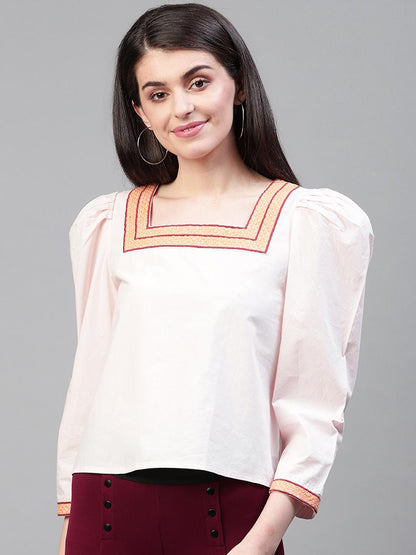Pink Embroidered Solid Puff Sleeves Top