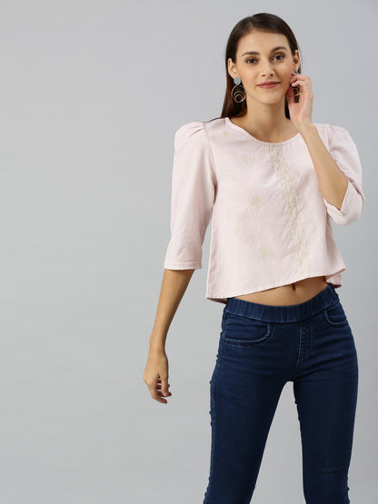 Pink Embroidered Cropped Top