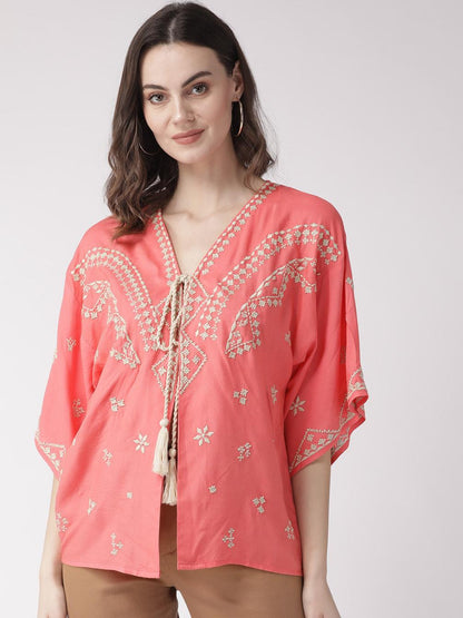 Pink & Off-White Embroidered Tie-Up Shrug
