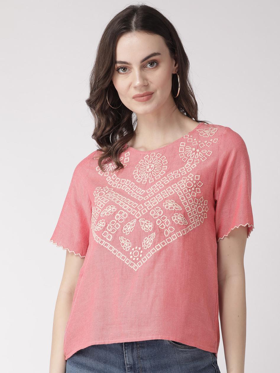 Pink chambary top with contrast embroidery