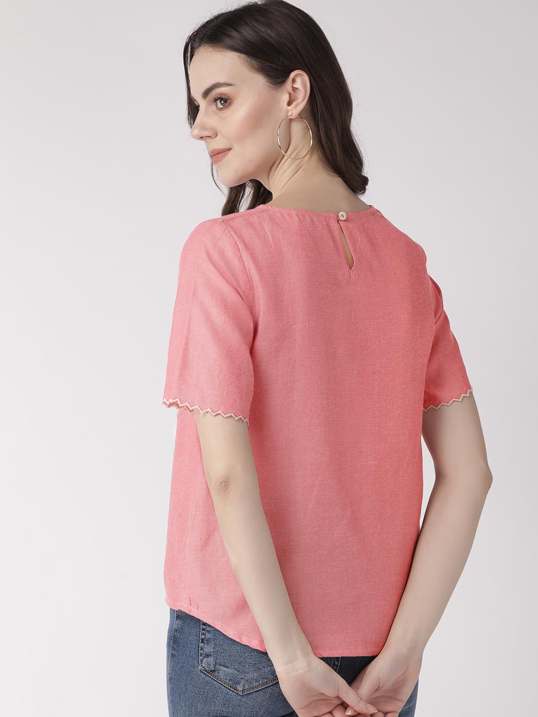 Pink chambary top with contrast embroidery