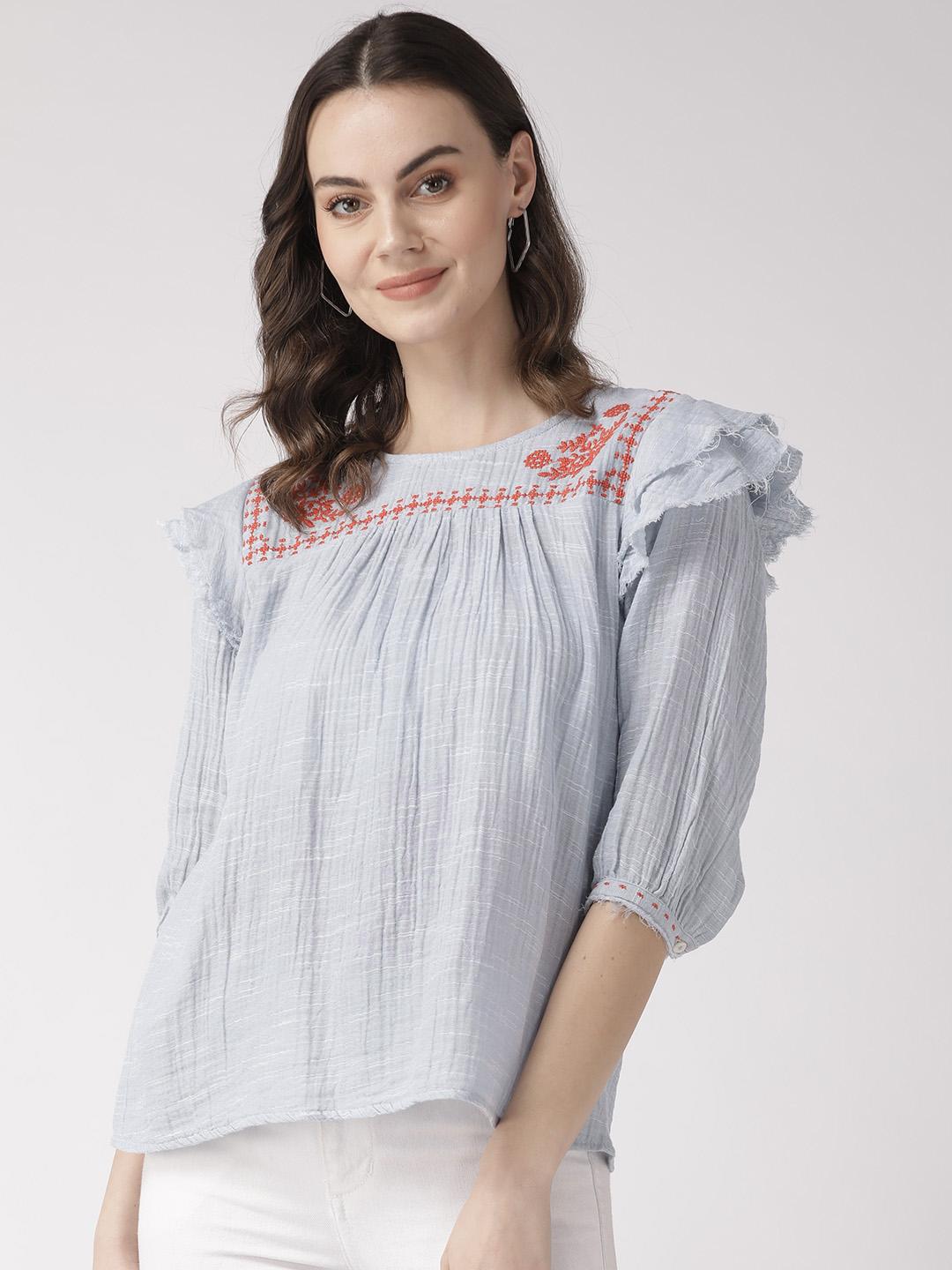 Blue Embroidered Frill Top