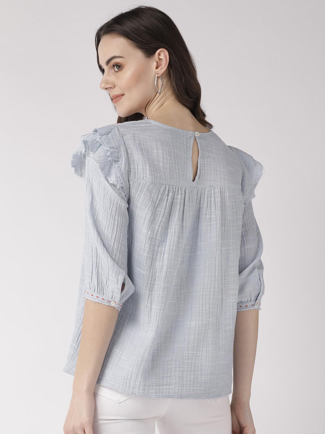 Blue Embroidered Frill Top