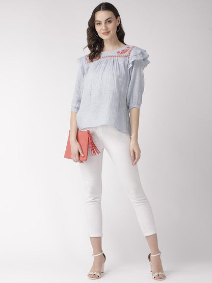 Blue Embroidered Frill Top