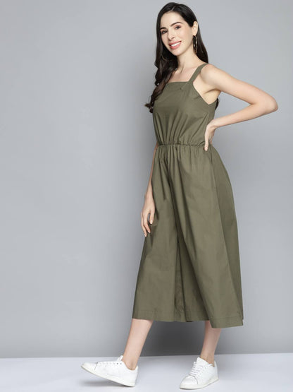 Olive Green Cotton Solid Jumpsuit