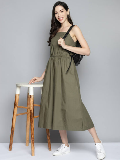 Olive Green Cotton Solid Dungaree