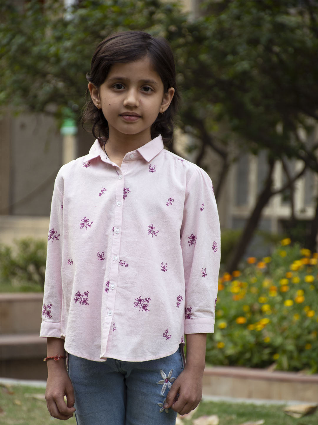 Mauve embroidered cotton shirt