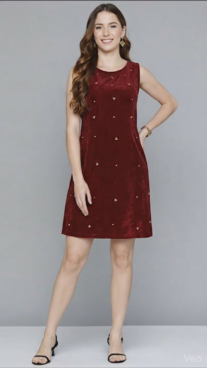 Dark Red Embellished Velvet Short Dress