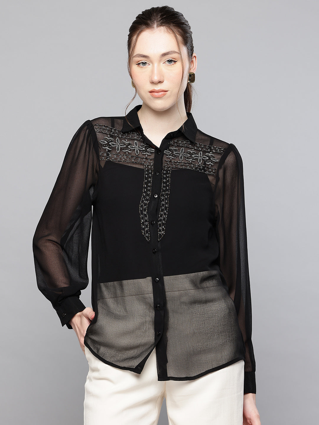 Scoup Women's black-hand-embellished-polyester-shirt