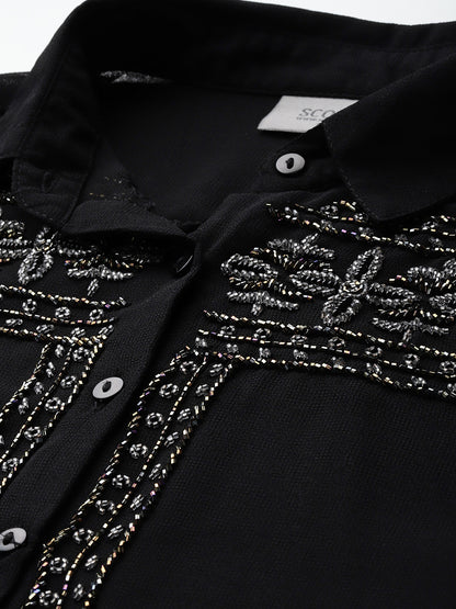 Hand embellished black polyester shirt