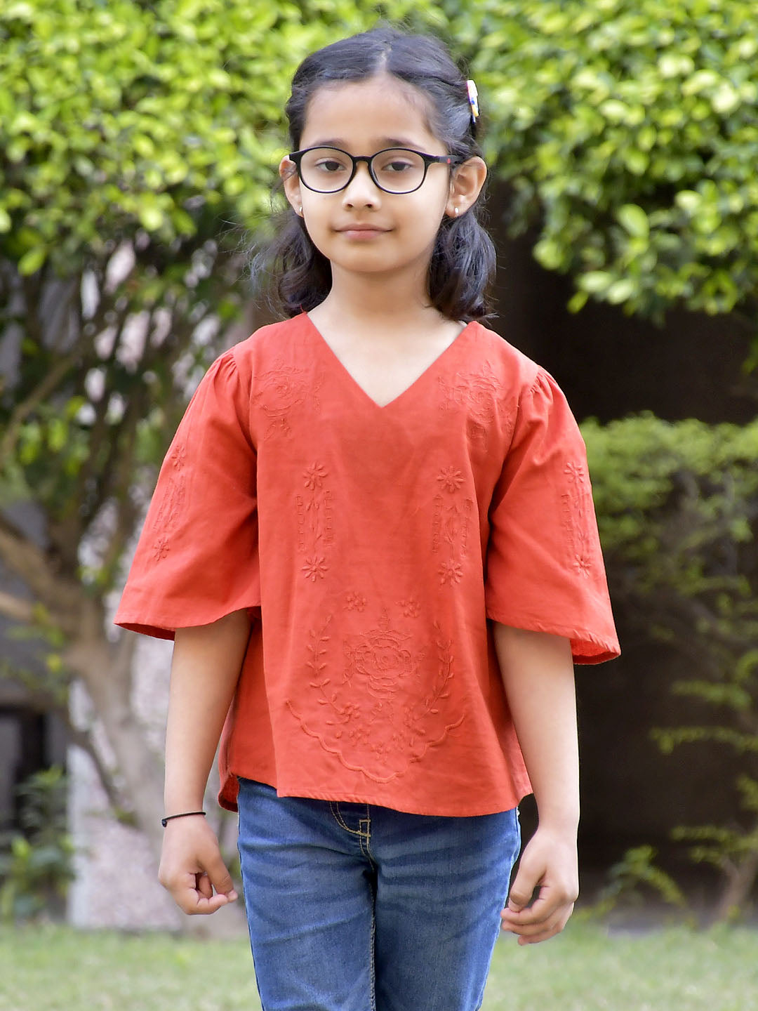 Embroidered v-neck orange  top