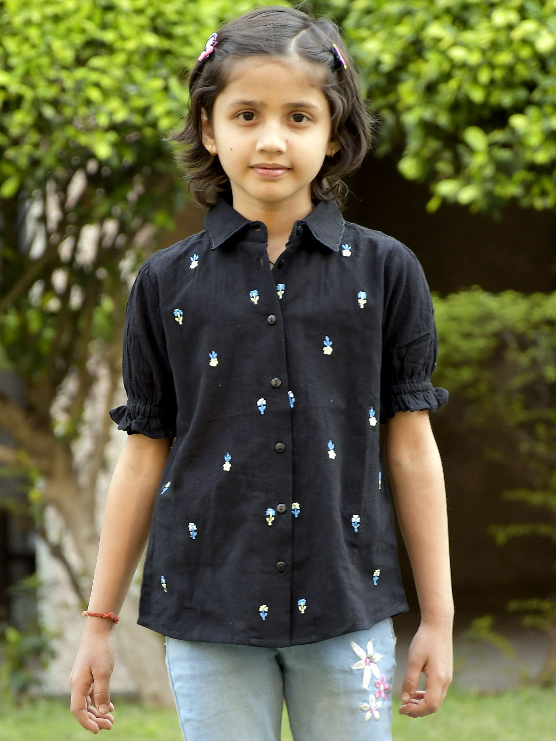 Girls Black Cotton Embroidered Printed Casual Shirt