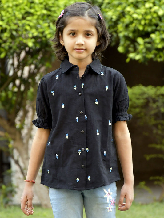 Scoup Girls Black Cotton Embroidered Printed Casual Shirt