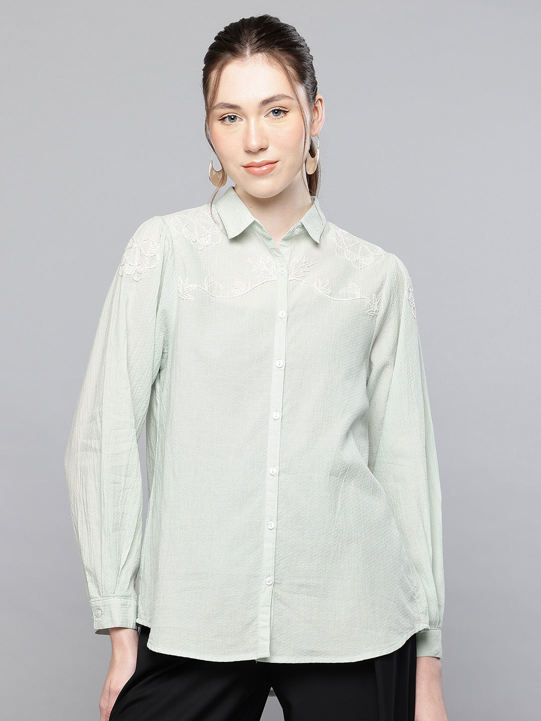 Light blue Cotton dobby hand embroidered shirt
