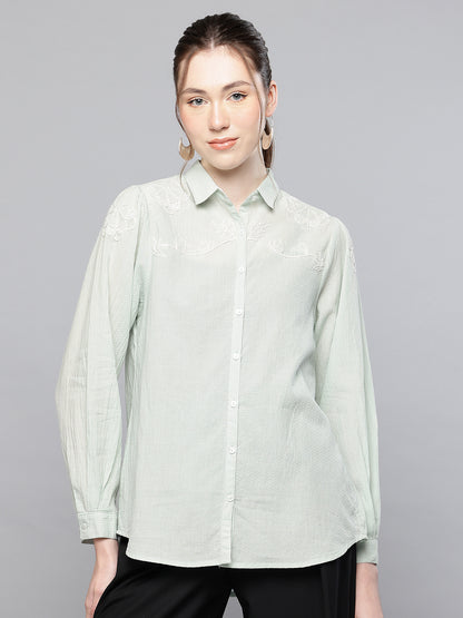 Light blue Cotton dobby hand embroidered shirt