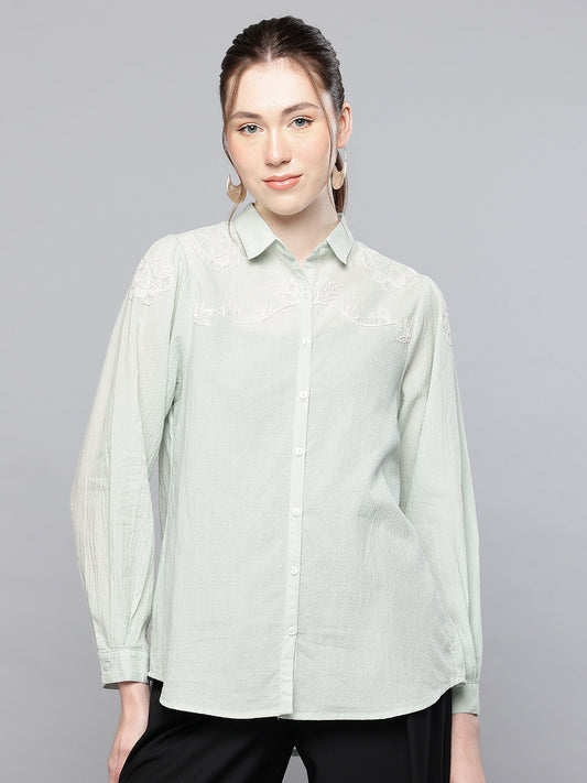Light blue Cotton dobby hand embroidered shirt