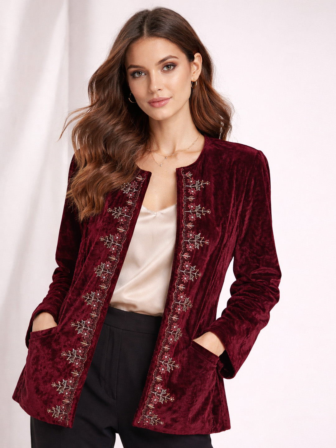 Scoup Women's embroidered-red-velvet-jacket