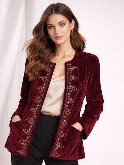 Scoup Women's embroidered-red-velvet-jacket